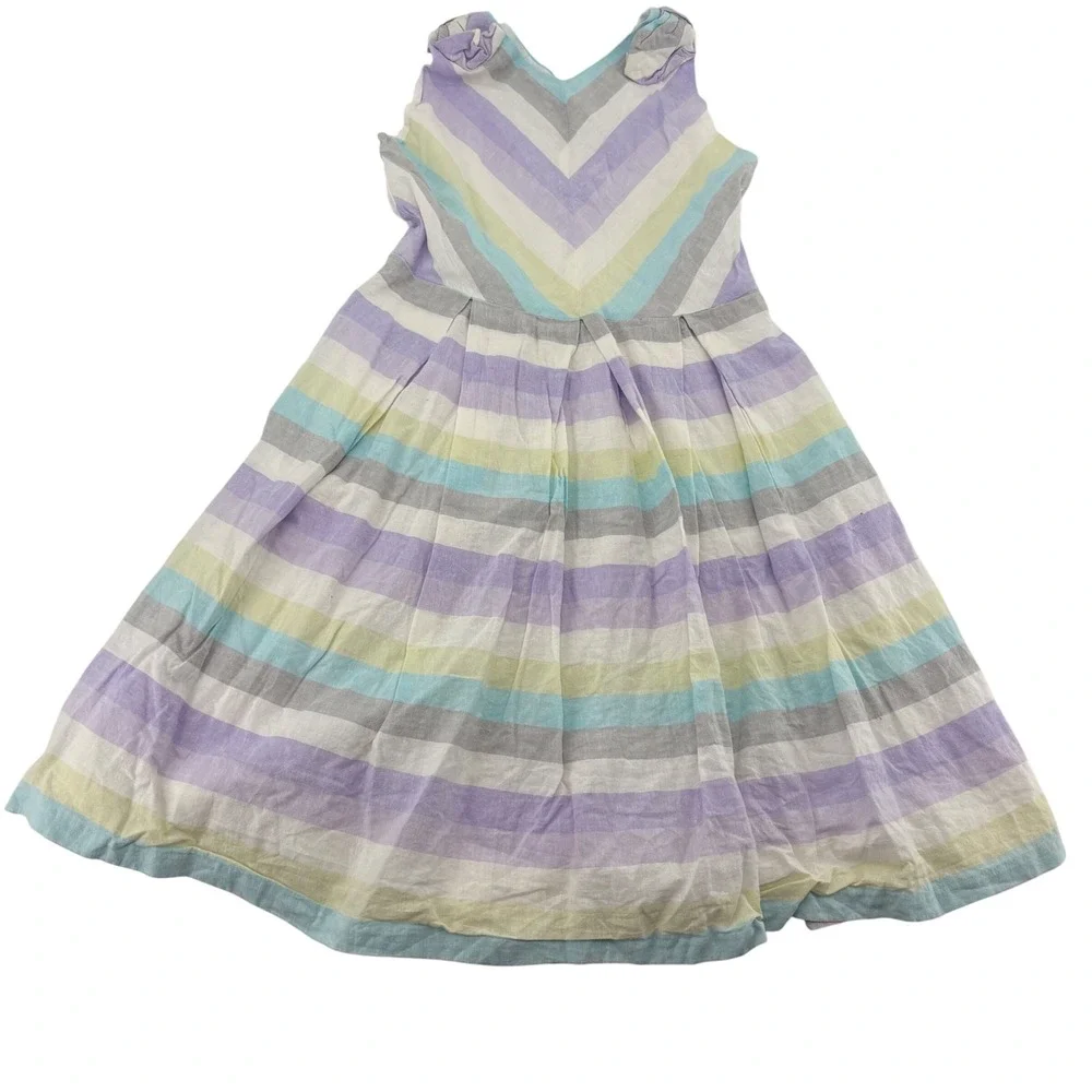 Gymboree Girls Size 10 Pastel Striped Linen Blend Sleeveless Ruffle Dress Multi
